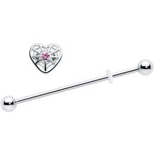 Load image into Gallery viewer, 14G Pink Gem Spiderweb Heart Love Industrial Barbell 38mm
