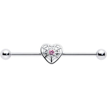 Load image into Gallery viewer, 14G Pink Gem Spiderweb Heart Love Industrial Barbell 38mm
