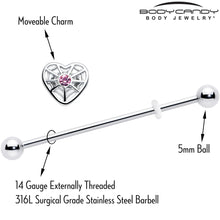 Load image into Gallery viewer, 14G Pink Gem Spiderweb Heart Love Industrial Barbell 38mm
