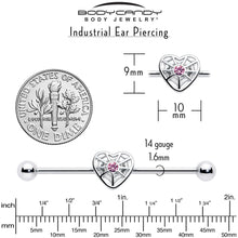 Load image into Gallery viewer, 14G Pink Gem Spiderweb Heart Love Industrial Barbell 38mm
