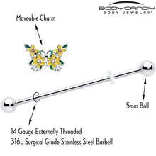 Load image into Gallery viewer, 14G Yellow CZ Gem Blooming Butterfly Industrial Barbell 38mm
