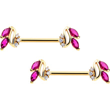 Load image into Gallery viewer, 14G 9/16 Red CZ Gem Gold Tone Swirl Fan Barbell Nipple Ring Set
