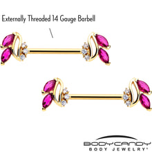 Load image into Gallery viewer, 14G 9/16 Red CZ Gem Gold Tone Swirl Fan Barbell Nipple Ring Set
