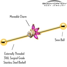 Load image into Gallery viewer, 14G Red CZ Gem Gold Tone Swirl Fan Industrial Barbell 38mm
