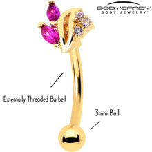 Load image into Gallery viewer, 16G 5/16 Red CZ Gem Gold Tone Swirl Fan Curved Eyebrow Ring
