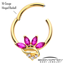 Load image into Gallery viewer, 16G 3/8 Red CZ Gem Gold Tone Swirl Fan Hinged Segment Ring
