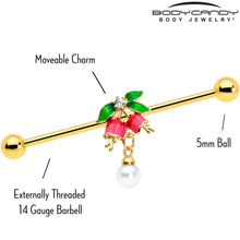 Load image into Gallery viewer, 14G Clear CZ Gem Gold Tone Bell Flower Industrial Barbell 38mm
