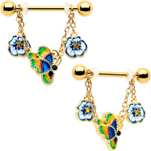 Load image into Gallery viewer, 14G 9/16 Yellow Gem Gold Tone Butterfly Colors Dangle Nipple Ring Set
