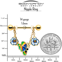 Load image into Gallery viewer, 14G 9/16 Yellow Gem Gold Tone Butterfly Colors Dangle Nipple Ring Set

