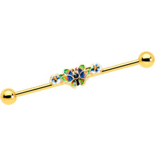 将图片加载到图库查看器，14G Blue Gem Gold Tone Butterfly Colors Industrial Barbell 38mm

