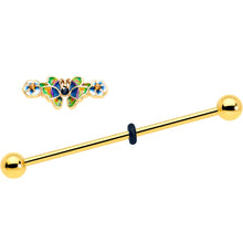 将图片加载到图库查看器，14G Blue Gem Gold Tone Butterfly Colors Industrial Barbell 38mm
