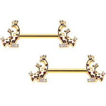 Load image into Gallery viewer, 14G 9/16 Clear CZ Gem Gold Tone Mom Baby Giraffes Nipple Ring Set
