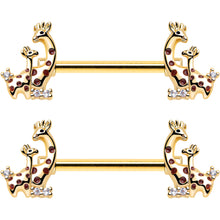 Load image into Gallery viewer, 14G 9/16 Clear CZ Gem Gold Tone Mom Baby Giraffes Nipple Ring Set
