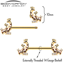 Load image into Gallery viewer, 14G 9/16 Clear CZ Gem Gold Tone Mom Baby Giraffes Nipple Ring Set
