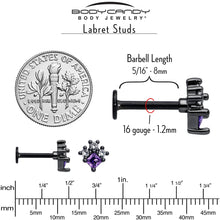 Load image into Gallery viewer, 16G 5/16 Purple CZ Gem Black Rhombus Riot Labret Monroe Tragus
