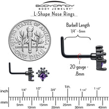 Load image into Gallery viewer, 20G 7mm Purple CZ Gem Black Rhombus Riot L Shape Nose Ring
