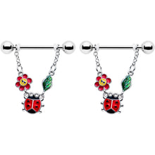 将图片加载到图库查看器，14G 9/16 Ladybug Hippie Flower Chain Dangle Nipple Ring Set

