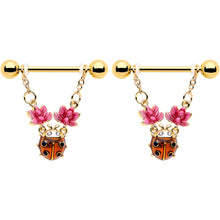 Load image into Gallery viewer, 14G 9/16 Clear Gem Gold Tone ladybug Lotus Dangle Nipple Ring Set
