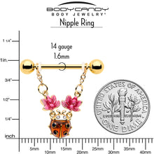 Load image into Gallery viewer, 14G 9/16 Clear Gem Gold Tone ladybug Lotus Dangle Nipple Ring Set
