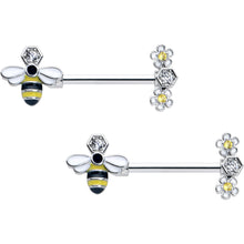 Load image into Gallery viewer, 14G 9/16 Yellow Clear CZ Gem Flower Bee Barbell Nipple Ring Set
