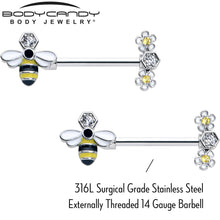 Load image into Gallery viewer, 14G 9/16 Yellow Clear CZ Gem Flower Bee Barbell Nipple Ring Set
