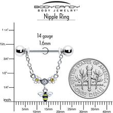 Load image into Gallery viewer, 14G 9/16 Yellow CZ Gem Flower Bee Chain Dangle Nipple Ring Set
