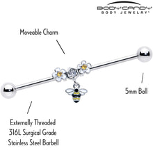 Load image into Gallery viewer, 14G Yellow CZ Gem Flower Bee Dangle Industrial Barbell 38mm
