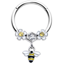 Load image into Gallery viewer, 16G 3/8 Yellow CZ Gem Flower Bee Dangle Hinged Segment Ring
