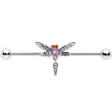 Load image into Gallery viewer, 14G Pink Orange Gem Swank Dragonfly Dangle Industrial Barbell 38mm

