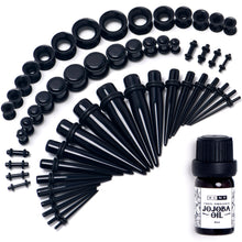 Load image into Gallery viewer, 14G to 1/2 Black Acrylic 54 Piece Ear Stretching Kit with Jojoba Oil
