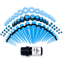 Load image into Gallery viewer, 14G to 1/2 Blue Acrylic 54 Piece Ear Stretching Kit with Jojoba Oil
