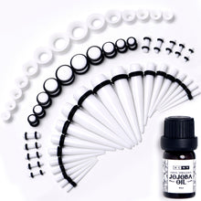 Load image into Gallery viewer, 14G to 1/2 White Acrylic 54 Piece Ear Stretching Kit with Jojoba Oil
