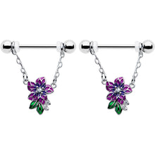 Load image into Gallery viewer, 14G 9/16 Clear CZ Gem Flower Purple Chain Dangle Nipple Ring Set
