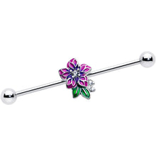 Load image into Gallery viewer, 14G Clear CZ Gem Flower Purple Industrial Barbell 38mm

