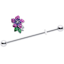 Load image into Gallery viewer, 14G Clear CZ Gem Flower Purple Industrial Barbell 38mm
