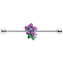 Load image into Gallery viewer, 14G Clear CZ Gem Flower Purple Industrial Barbell 38mm
