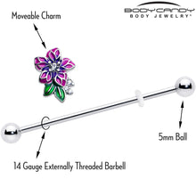 Load image into Gallery viewer, 14G Clear CZ Gem Flower Purple Industrial Barbell 38mm
