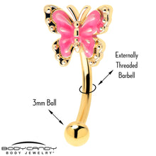 Load image into Gallery viewer, 16G 5/16 Gold Tone Butterfly Pink Splash Curved Eyebrow Ring
