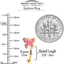 Load image into Gallery viewer, 16G 5/16 Gold Tone Butterfly Pink Splash Curved Eyebrow Ring
