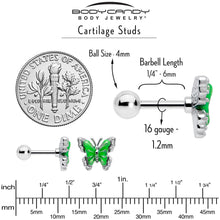 Load image into Gallery viewer, 16G 1/4 Butterfly Green Splash Cartilage Tragus Earring
