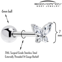 将图片加载到图库查看器，Clear CZ Gem Open Wing Butterfly Barbell Tongue Ring
