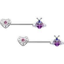 Load image into Gallery viewer, 14G 9/16 Pink Blue Gem Spiderweb Heart Insect Barbell Nipple Ring Set
