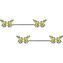 Load image into Gallery viewer, 14G 9/16 Yellow CZ Gem Blooming Butterfly Barbell Nipple Ring Set
