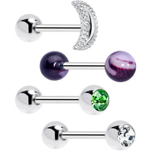 将图片加载到图库查看器，Green CZ Gem Crescent Moon Marbleized Barbell Tongue Ring Set of 4
