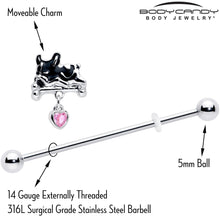 Load image into Gallery viewer, 14G Pink Gem Sleepy French Bulldog Dangle Industrial Barbell 38mm
