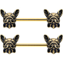 Load image into Gallery viewer, 14G 5/8 Gold Tone Anodized French Bulldog Barbell Nipple Ring Set
