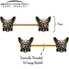 Load image into Gallery viewer, 14G 5/8 Gold Tone Anodized French Bulldog Barbell Nipple Ring Set

