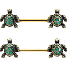 Load image into Gallery viewer, 14G 5/8 Gold Tone Anodized Sea Turtle Style Barbell Nipple Ring Set
