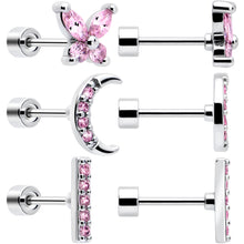 Load image into Gallery viewer, Pink CZ Celestial Butterfly Flat Back Stud Earrings - 3 Pairs
