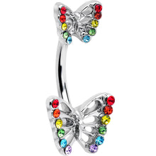 Load image into Gallery viewer, Rainbow Gem Pride Open Butterfly Double Mount Belly Ring
